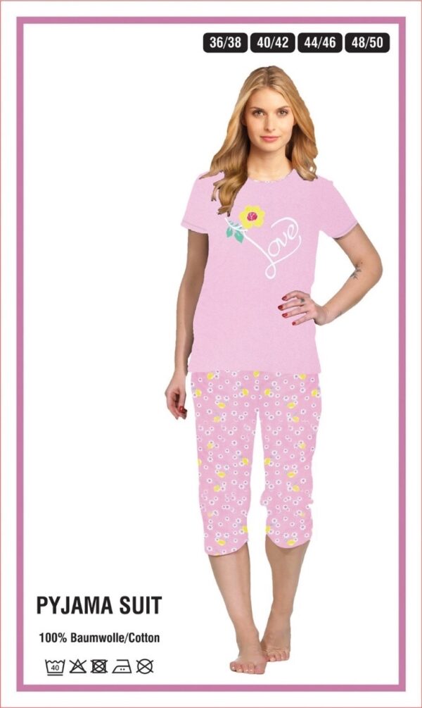 Damen Schlafanzug kurz Pyjama Set Caprihose 3/4 t-shirt